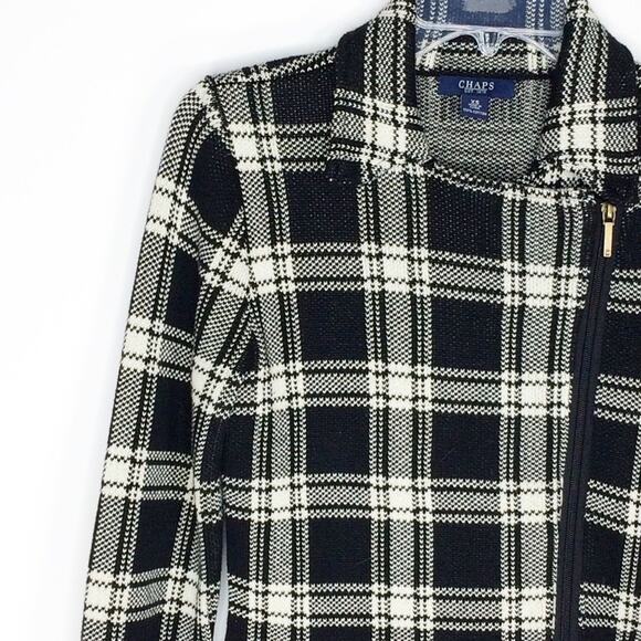Chaps Womens Size XS Knit Plaid Moto Jacket Black White Asymmetrical Zip Front - Picture 3 of 7